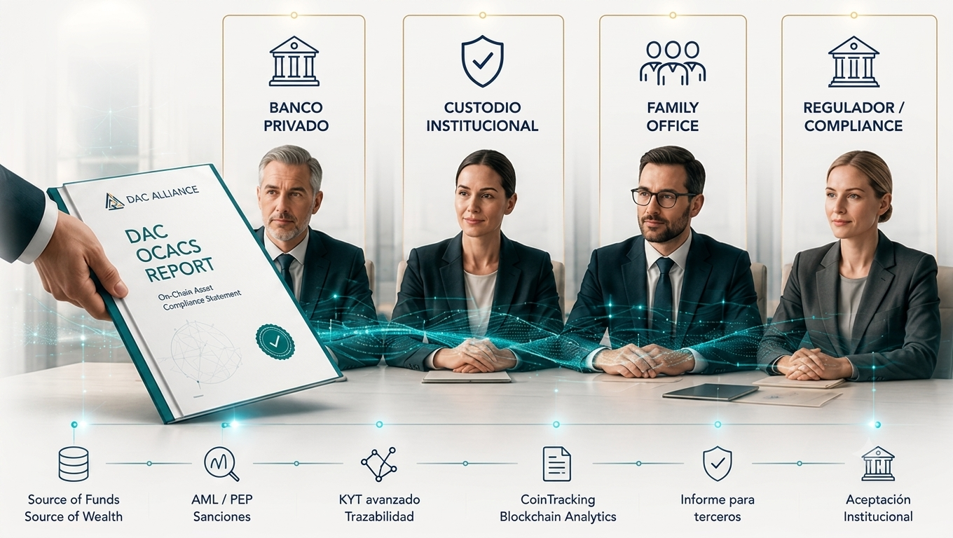 Un representante entrega el informe DAC OCACS Report a cuatro representantes institucionales — banca privada, custodio institucional, family office y regulador de compliance — en un entorno de análisis de blockchain